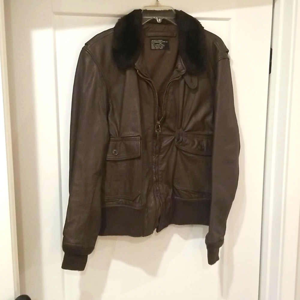 Jacket Flyers Brown Leather Vintage  Plush Collar Brill Bros Size 44 MIL